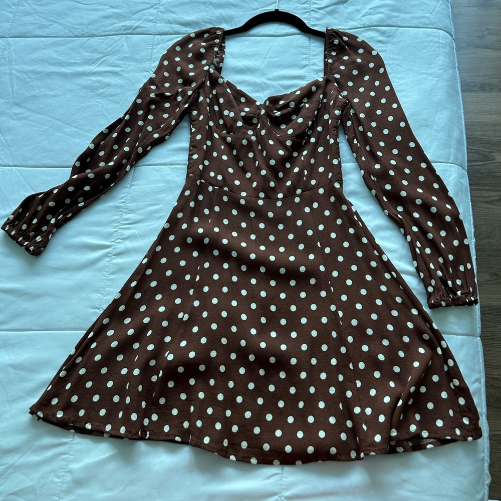 Reformation Mochi Mini Dress Brown Polka Dot Long Sleeve 🤎❤️